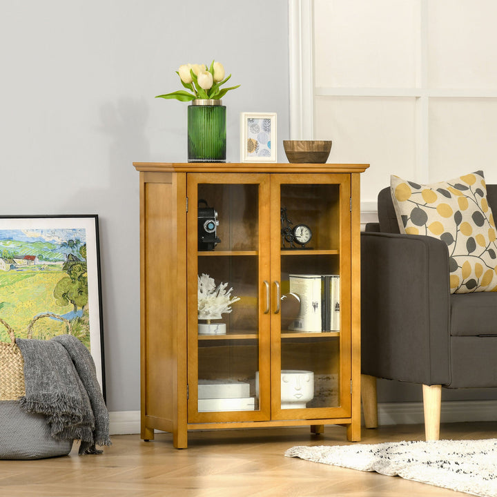 Aparador Auxiliar com 2 Portas de Vidro Armário de Sala de Estar Múltiuso com 2 Prateleiras Interiores Ajustáveis Estilo Rústico para Cozinha Sala de Jantar 66x31,8x86,8 cm Nogueira