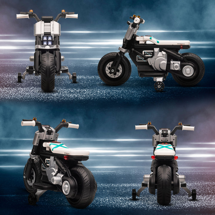 Mota Elétrica Infantil Mota a Bateria 6V com Farol Música Buzina Velocidade 3km/h Avance e Retrocesso e Rodas Auxiliares para Crianças de 3-5 Anos Carga 25kg 86x44x58cm Preto e Branco