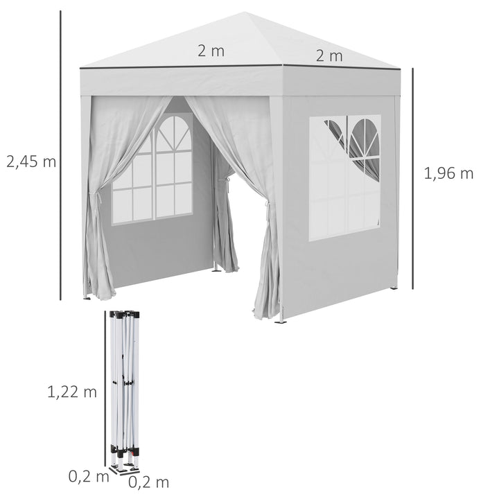Tenda Dobrável 2x2 Tenda de Jardim com 4 Paredes Laterais Tecido Oxford 2 Portas 2 Janelas e Bolsa de Transporte para Exterior Terraço Campismo Festas Branco