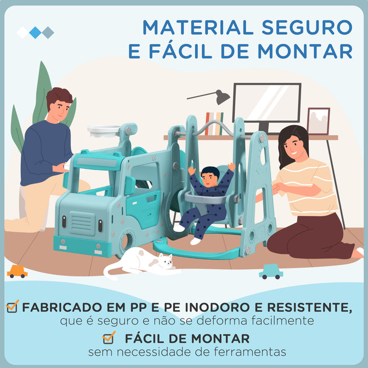 Conjunto de Escorrega e Baloiço para Crianças 6 em 1 Baloiço Infantil de 18-48 Meses Escorregador para Bebés com Buzina e Cesta de Basquetebol Carga 50 kg 201x151x87,5 cm Azul Claro