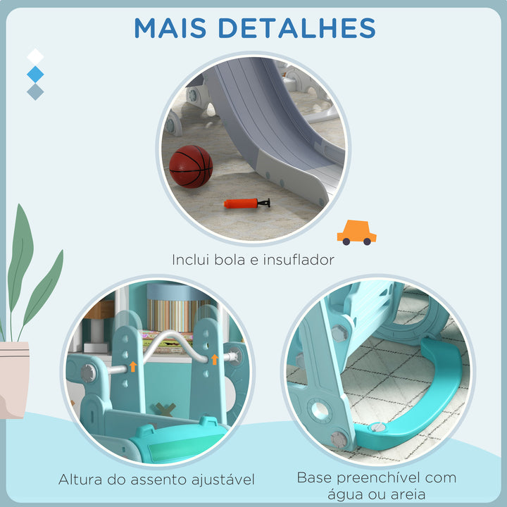 Conjunto de Escorrega e Baloiço para Crianças 6 em 1 Baloiço Infantil de 18-48 Meses Escorregador para Bebés com Buzina e Cesta de Basquetebol Carga 50 kg 201x151x87,5 cm Azul Claro