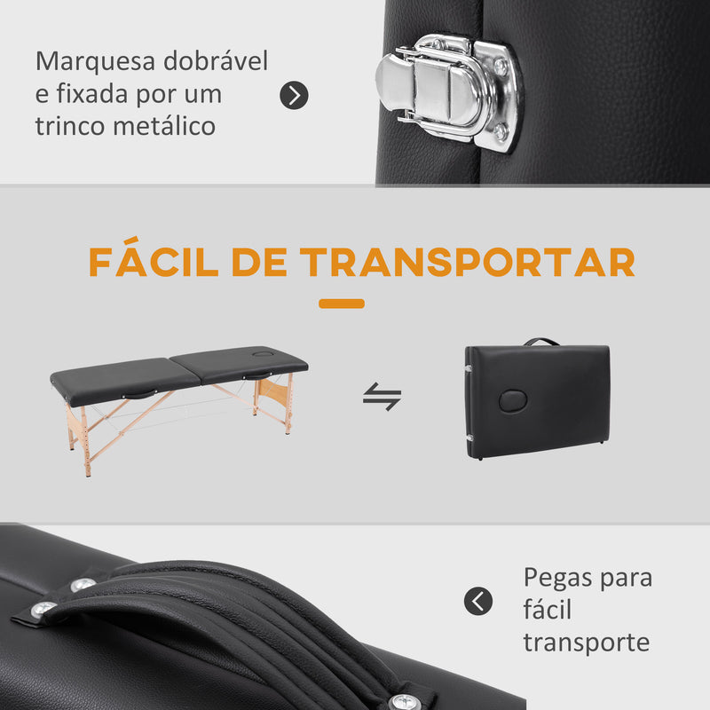 Marquesa de Massagem Dobrável Mesa de Massagem Portátil com Apoio para a Cabeça Estrutura de Madeira Altura Ajustável e Bolsa de Transporte 186x60x58-81 cm Preto