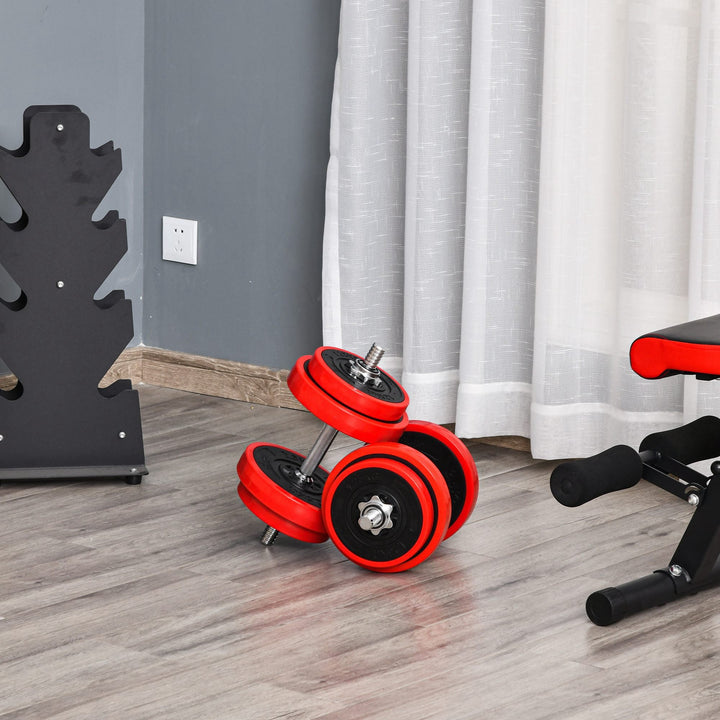 Conjunto de Halteres 20kg Ajustáveis 2 em 1 com 8 Discos 2 Barras e Extensor Ajustável para Treinamento de Força Levantamento de Pesos para Casa Academia Preto e Vermelho