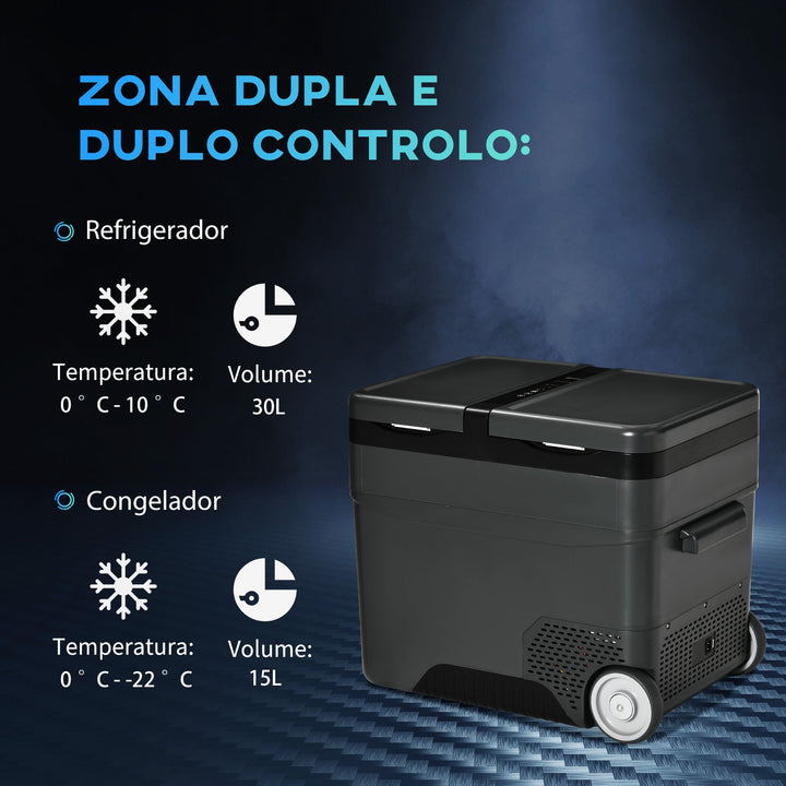 Frigorífico e Congelador de Compressor Portátil 45L Refrigerador de Carro 12/24V CC com Temperatura de 10? a -22? Tela LCD Tátil Alças de Transporte e Rodas 63,2x42x50,8cm Cinza