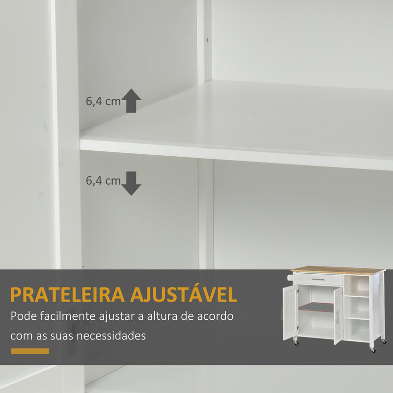 Carrinho de Cozinha com Rodas Móvel Auxiliar de Cozinha com 1 Gaveta 2 Portas 3 Prateleiras Abertas e Barra Lateral para Sala de Jantar 107,5x48x89cm Branco