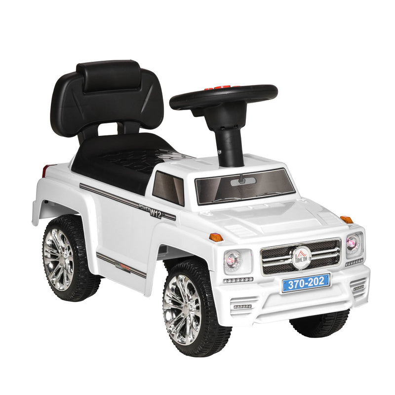 Carro Andador para Bebé de 18-36 Meses Carro sem Pedais com Faróis Música Buzina Compartimento de Armazenamento e Encosto Alto 68x30,5x41,5cm Branco