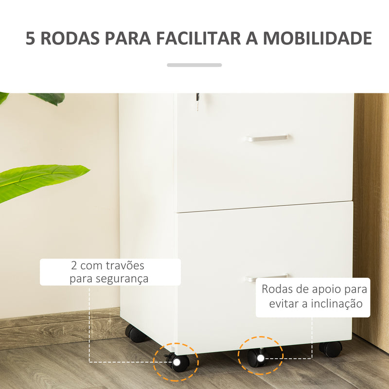 Bloco de Gavetas de Escritório Móvel Auxiliar para Arquivos com 2 Gavetas Fechadura 2 Chaves 5 Rodas e 2 Freios para Estúdio Escritório Dormitório 43x45x72cm Branco