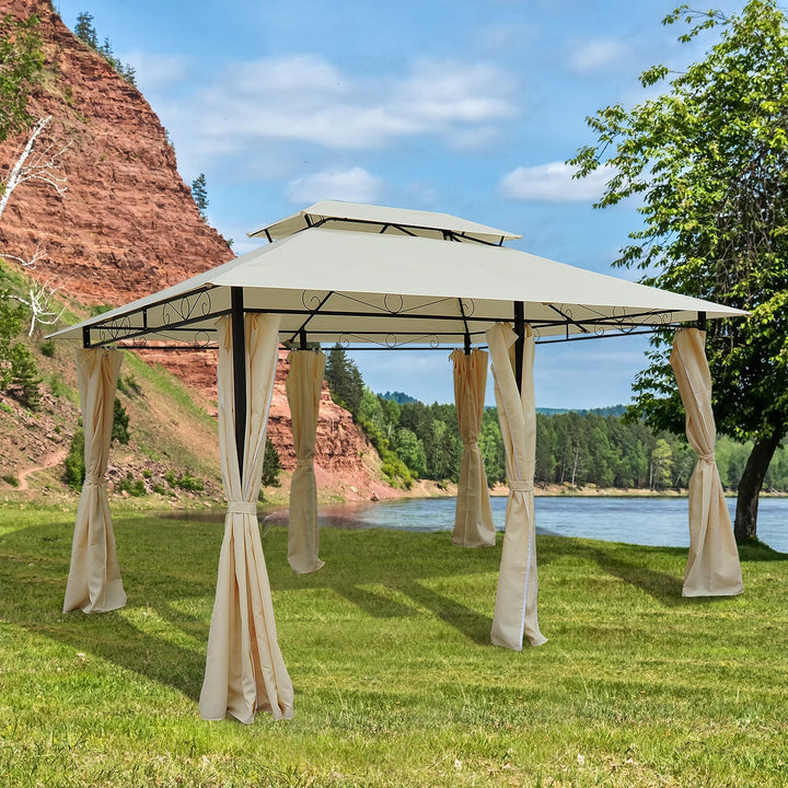 Pérgola de jardim 3x4 m estrutura de aço telhado Duplo 6 Cortinas Laterais 8 Orifícios de Drenagem Boa Ventilação para Festas Eventos Creme
