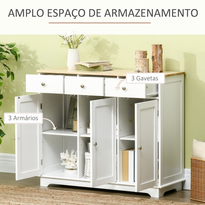 Aparador de Cozinha com 3 Gavetas 3 Portas e Prateleiras Ajustáveis Móvel Auxiliar de Armazenamento para Cozinha Sala de Estar Estilo Moderno Anti-Rolamento 101x40x85cm Branco