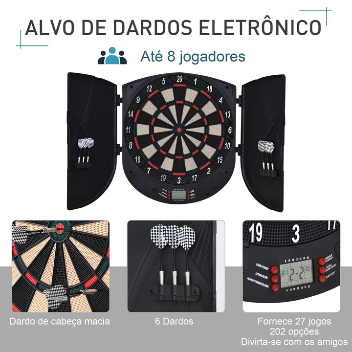 Alvo Eletrônico Digital com 6 Dardos até 8 Jogadores Marcador Portas Laterais Tela LCD 46.5x4.4x50.5 cm Preto