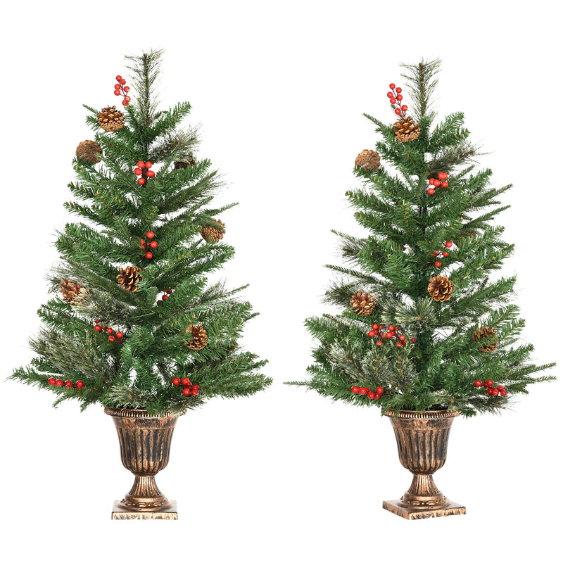 Conjunto de 2 Árvores de Natal Artificial 90cm com Vaso Ignífugo com 110 Ramos 70 Bagas 8 Pinhas e Folhas de PVC Decoração de Natal para Interiores Verde