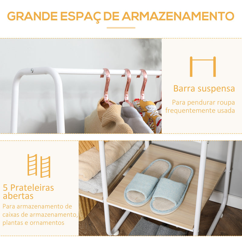 Suporte para Cabides Charriot de Madeira com 4 Prateleiras de Armazenamento e Barra de Pendurar para Dormitório Sala de Estar Entrada Estilo Industrial 101x39x160cm Madeira e Branco