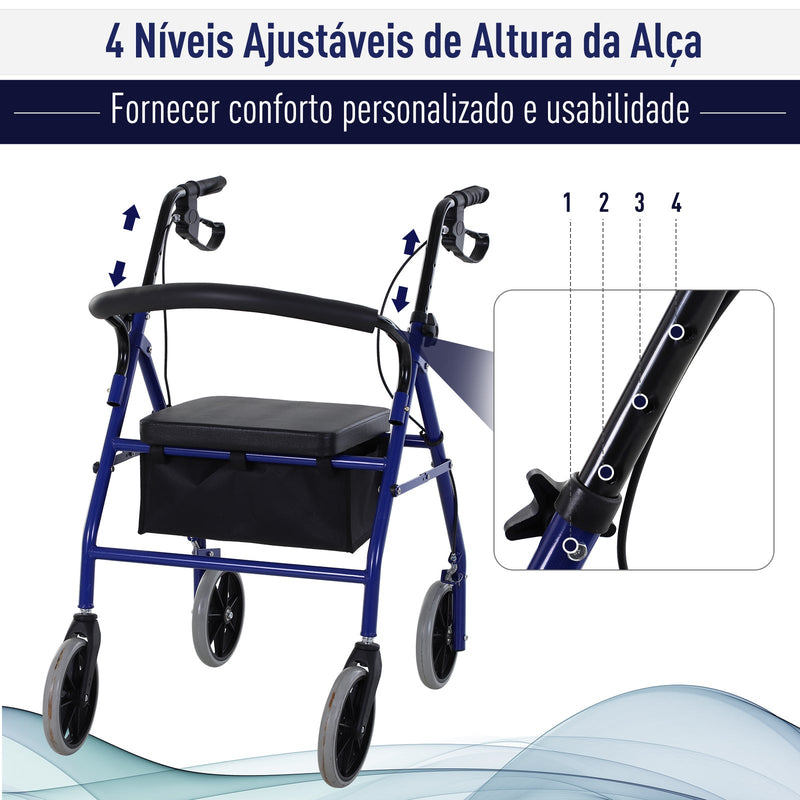 Andador adulto dobrável com freios e assento 77x55,5x84-93 cm