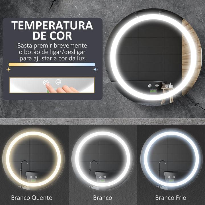 Espelho Casa de Banho com Luz LED Ø50x4,6cm Espelho Redondo de Parede com Interruptor Tátil 3 Luzes Ajustáveis Função de Memória e Anti-Embaciamento Estrutura de Alumínio Prata
