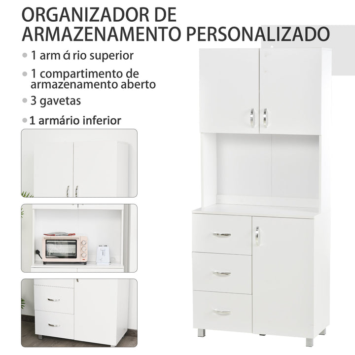 Armário de Armazenamento de Cozinha Armário Alto com 3 Gavetas 3 Portas e Prateleiras Interiores Ajustáveis móvel Auxiliar para Sala de Jantar Sala de Estar 80x39,5x183,5cm Branco