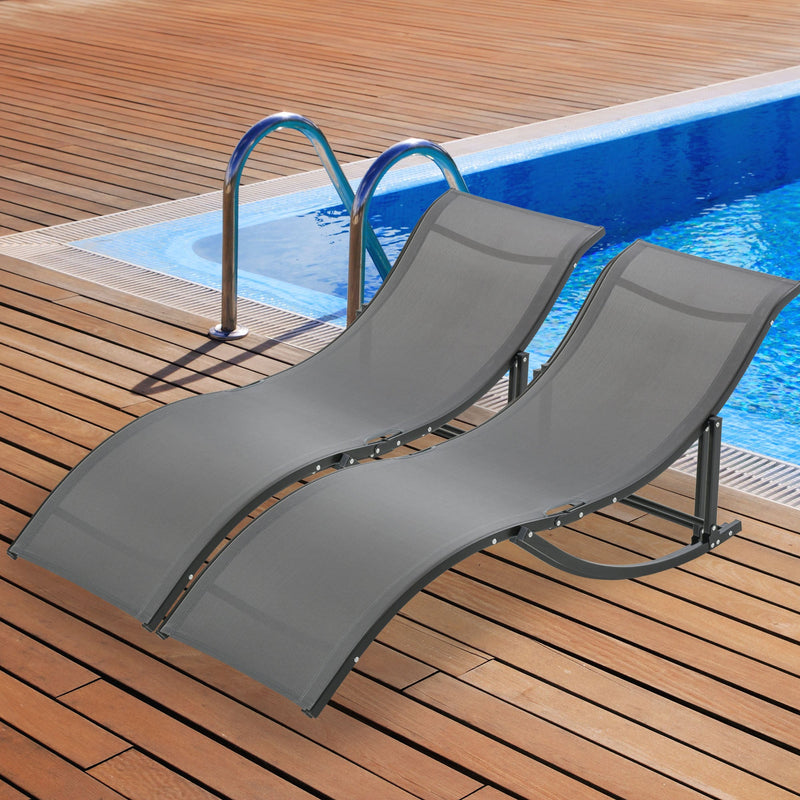 Conjunto 2 Espreguiçadeiras Ergonômicas Dobráveis ??em Forma de S com Estrutura de Alumínio Textilene para Piscina Pátio Jardim e Varanda 165x61x63cm Cinza