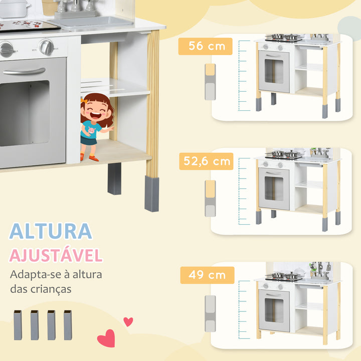 Cozinha Infantil de Madeira Cozinha para Crianças acima de 3 Anos com Altura Ajustável Luz Sons Lavatório Fogão Forno 60x30,5x93,2cm Branco e Cinza