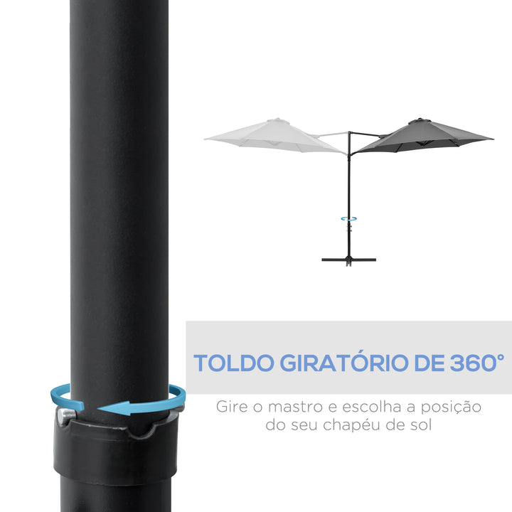 Chapéu de Sol de Jardim Ø256x245cm Chapéu de Sol Excêntrico Rotação 360° com Abertura Manual e Base Cruzada para Pátio Varanda Exterior Cinza Escuro