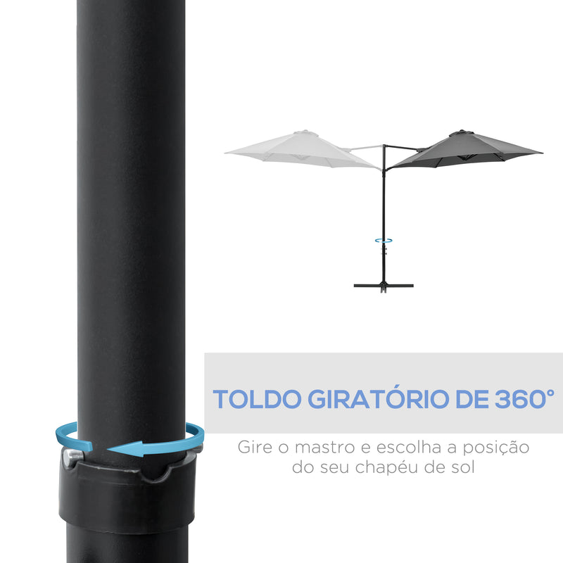 Chapéu de Sol de Jardim Ø256x245cm Chapéu de Sol Excêntrico Rotação 360° com Abertura Manual e Base Cruzada para Pátio Varanda Exterior Cinza Escuro