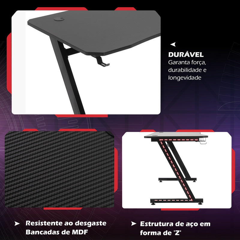 Secretária tipo gaming mesa de escritório com suporte para copos gancho e pés ajustáveis ??120x65x74,5 cm preto