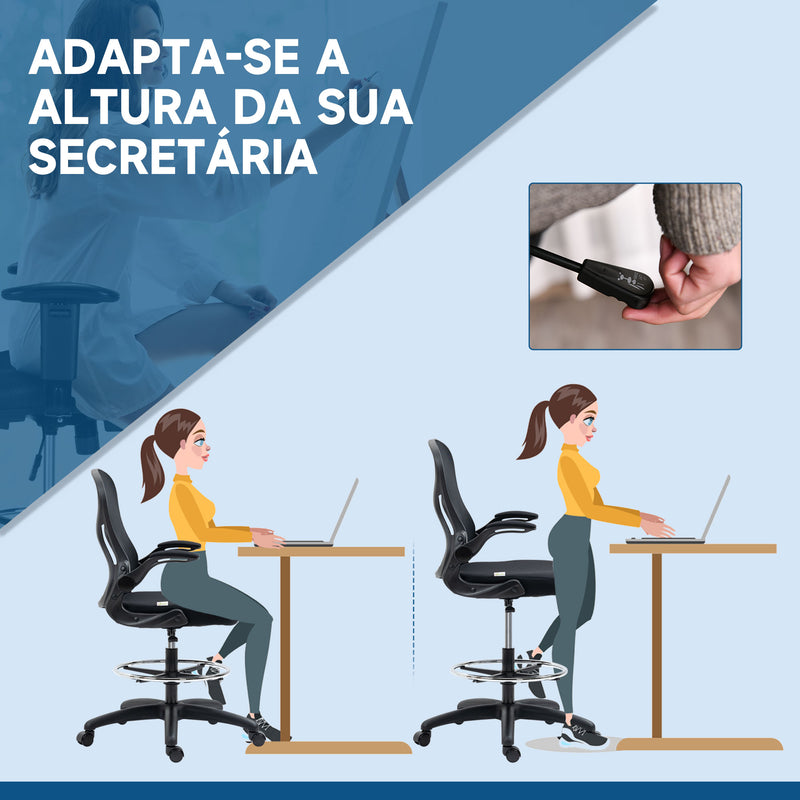 Cadeira de Escritório com Encosto Médio Suporte Lombar Apoio para os Braços Dobrável e Altura Ajustável Carga Máxima 120kg 59x65x110-130cm Preto