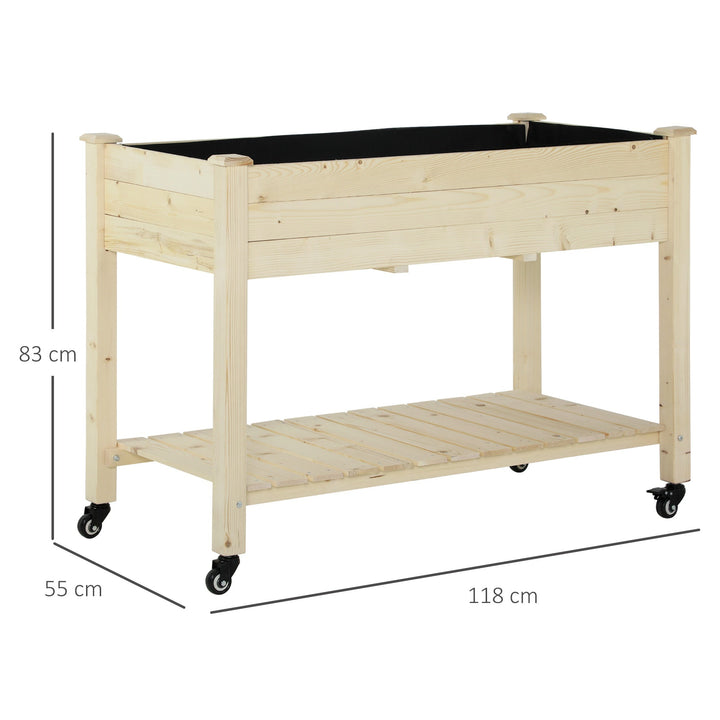 Horta urbana mesa de cultivo elevada de madeira com prateleira tecido Geotêxtil rodas com Freios portátil para Jardim 118x55x83 cm Cor Natural