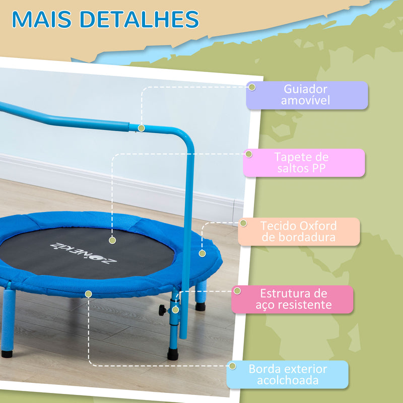 Trampolim Infantil 3 em 1 Trampolim para Crianças de 1-6 Anos com Corrimão Amovível Mini Trampolim para Interior Ø96x74cm Azul