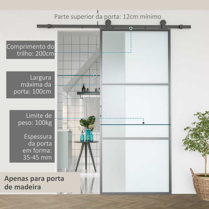 Ferragem para Porta de Correr 200cm Kit de Acessórios para Porta Corredeira com 2 Trilhos de Aço de Carbono Carga Máxima 100kg 200x40x0,6cm Preto