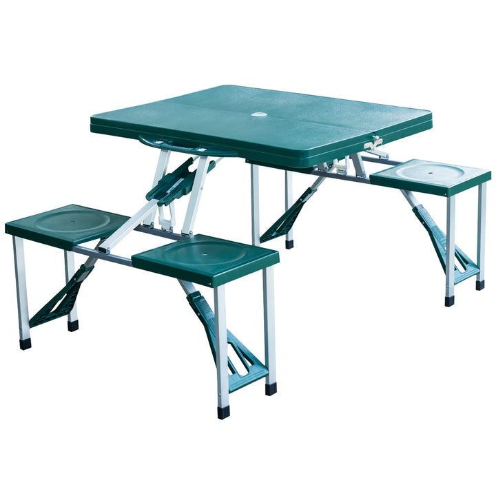 Mesa de Acampamento Dobrável com 4 Cadeiras Conjunto para Acampamento com Orifício para Guarda Sol Estrutura de Alumínio 136x84,5x66 cm Verde