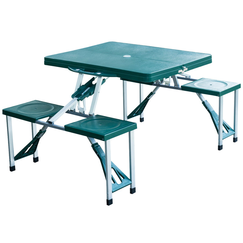 Mesa de Acampamento Dobrável com 4 Cadeiras Conjunto para Acampamento com Orifício para Guarda Sol Estrutura de Alumínio 136x84,5x66 cm Verde