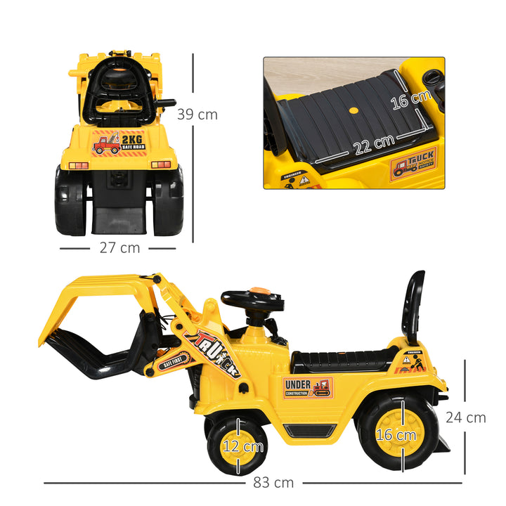 Carro Andador para Crianças acima de 3 Anos Escavadora Infantil com Pá Móvel Assento com Armazenamento Oculto e Buzina Carga Máxima 30kg 83x27x39cm Amarelo