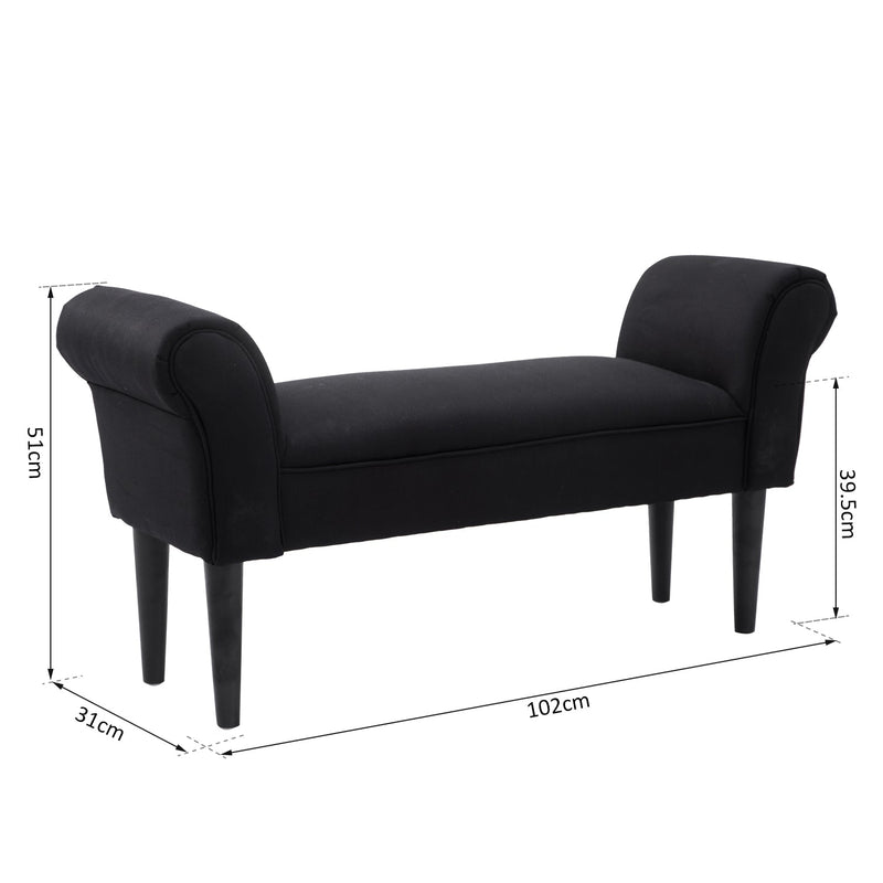 Banco de pé de cama Banco estofado com braços para quarto corredor 102x31x51cm Carga 130kg Preto