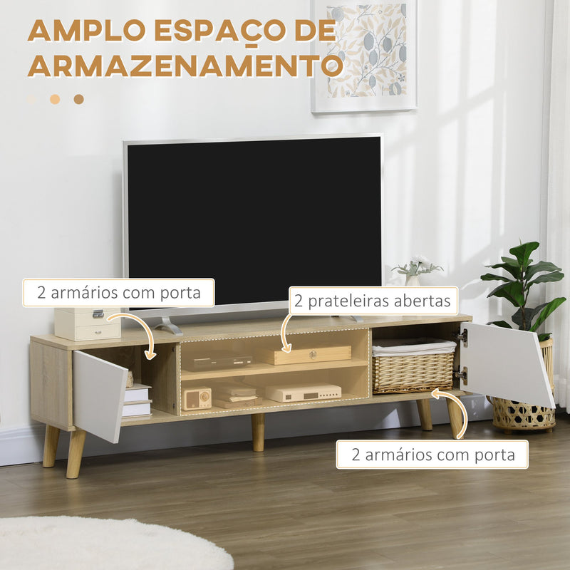 Móvel de TV Móvel para Sala de Estar para TV com 2 Portas 2 Estantes e 5 Pés de Madeira de Borracha para Televisores de até 65 Polegadas 150x30x42 cm Madeira e Branco