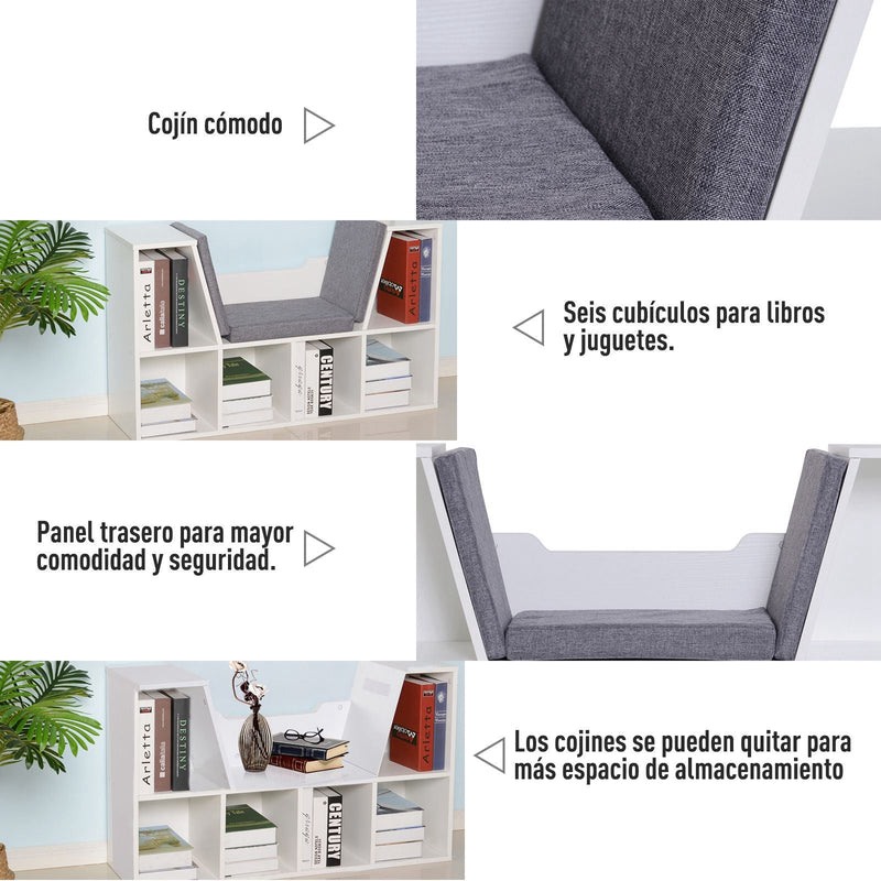 Estante com Assento 6 prateleiras em forma de cubo Livraria Infantil Original Sapateiro com Almofada Prateleira com bancada Multifinal 102x30x61cm