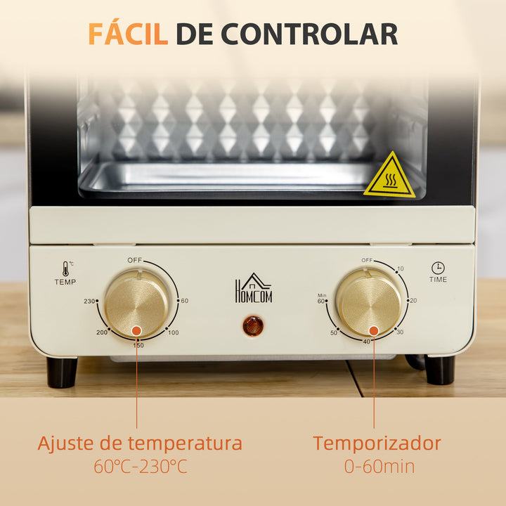 Mini Forno Elétrico de Convecção 15 Litros 1000W Forno com Temperatura até 230°C Temporizador 60 Minutos Bandeja e Grade 25,5x27,5x32cm Creme
