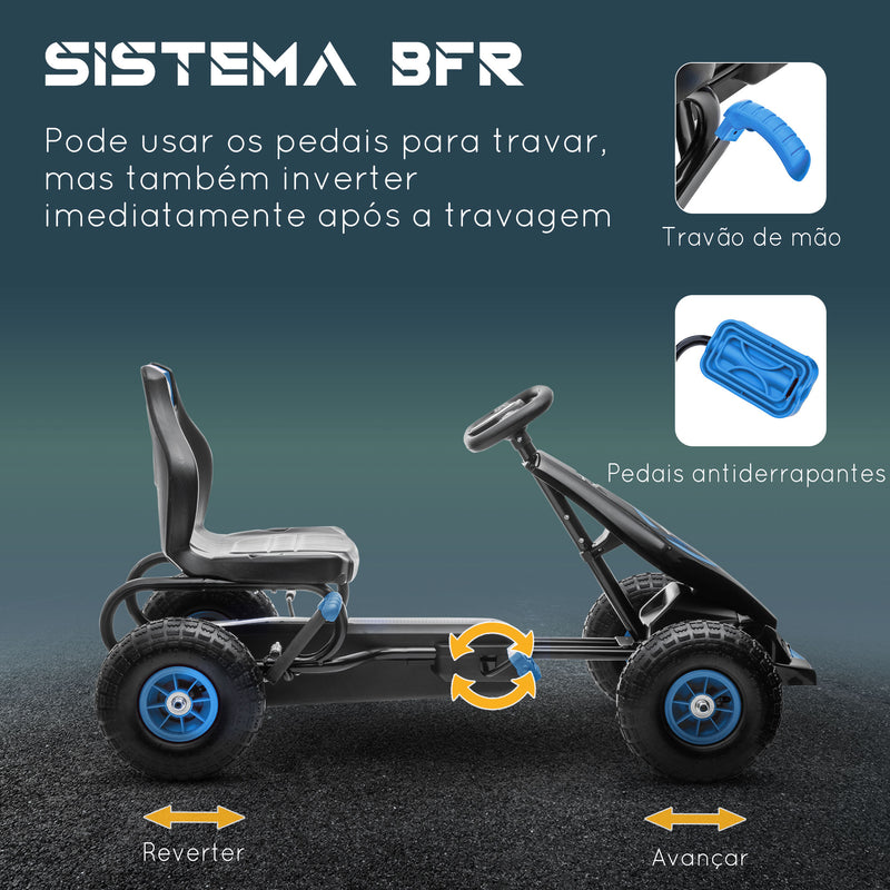 Kart a Pedais para Crianças 5-12 Anos Kart a Pedais Infantil com Assento Ajustável Pneus Insufláveis Amortecimento e Travão de Mão Carga Máx. 50kg 121x58x61cm Azul