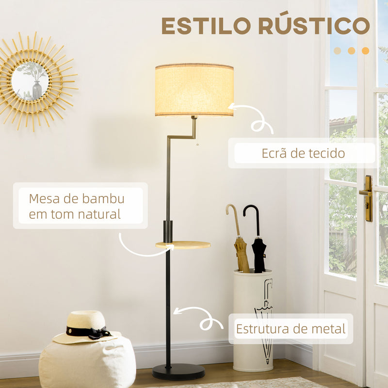 Candeeiro de Pé com Mesa Auxiliar Candeeiro com Prateleira Lâmpada E27 Máx. 40W com Ecrã de Linho Interruptor de Corrente e Carregador USB para Sala de Estar Ø40x168cm Preto e Madeira