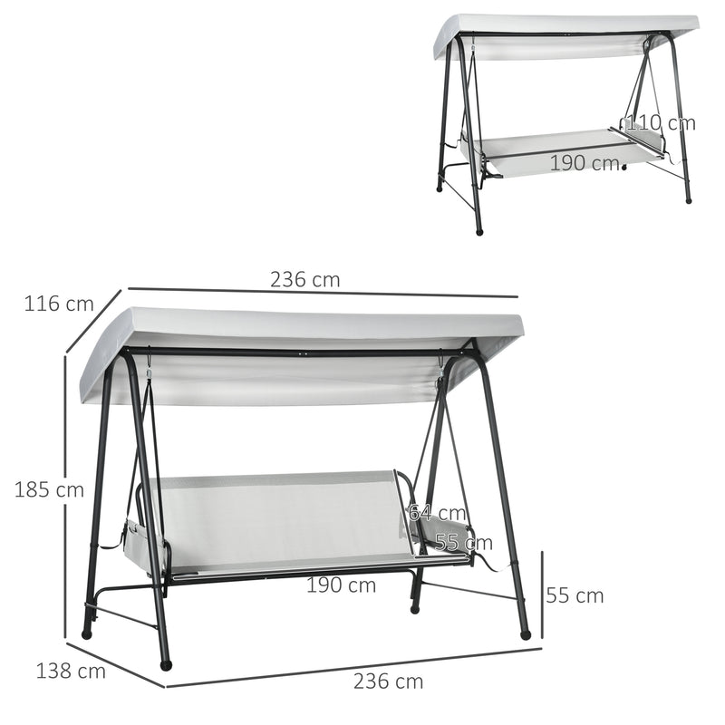 Baloiço de Jardim de 3 Lugares Banco Baloiço Convertível em Cama com Toldo Reclinável 2 Almofadas 2 Bolsas de Armazenamento e Estrutura de Aço 236x138x185 cm Cinza