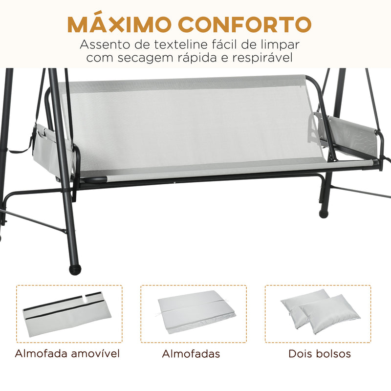 Baloiço de Jardim de 3 Lugares Banco Baloiço Convertível em Cama com Toldo Reclinável 2 Almofadas 2 Bolsas de Armazenamento e Estrutura de Aço 236x138x185 cm Cinza