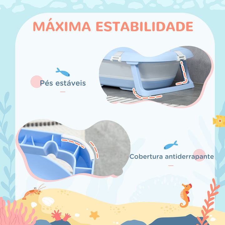 Banheira para Bebé Recém Nascido Dobrável 40L com Almofada Pés Antiderrapantes Orifício de Drenagem e Suporte para Duche 83x48x23,5 cm Azul