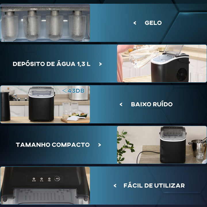 Máquina de Fazer Gelo Silenciosa Máquina de Gelo Doméstica 12 kg em 24 Horas 9 Cubos em 6-12 Minutos Depósito de Água 1,3 L com Pá e Cesto 22,2x29,4x29 cm Preto