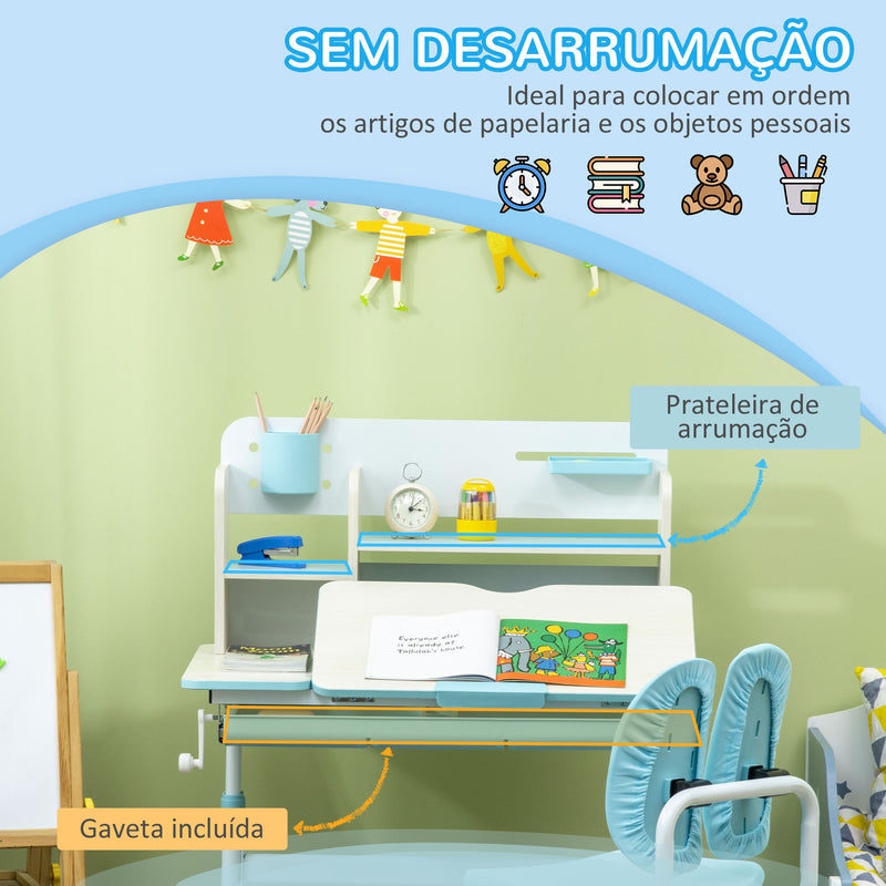 Conjunto de Secretária e Cadeira para Crianças acima de 3 Anos com Altura Ajustável Gaveta Prateleiras e Bancada Inclinável 80x52x88-109 cm Azul e Branco