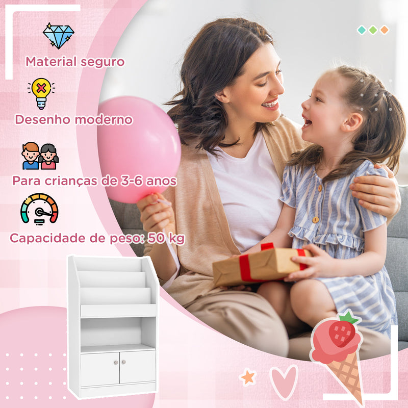 Estante para Brinquedos Infantil Estante de Livros para Crianças de 3 a 8 Anos para Brinquedos Sapatos com 3 Compartimentos e 2 Armários para Dormitório 60x29,5x100 cm Branco