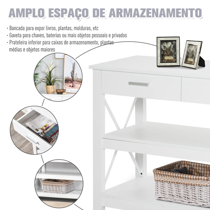 Mesa consola tipo aparador de estilo moderno com 2 gavetas e prateleiras inferiores 105x40x76 cm Branco