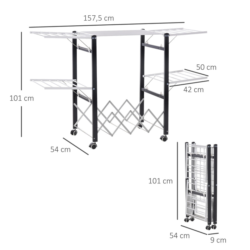 Estendal de Roupa Dobrável de Alumínio Móvel com 4 Alças Laterais Prateleira para Sapatos 4 Rodas com Freios 157,5x54x101cm Branco