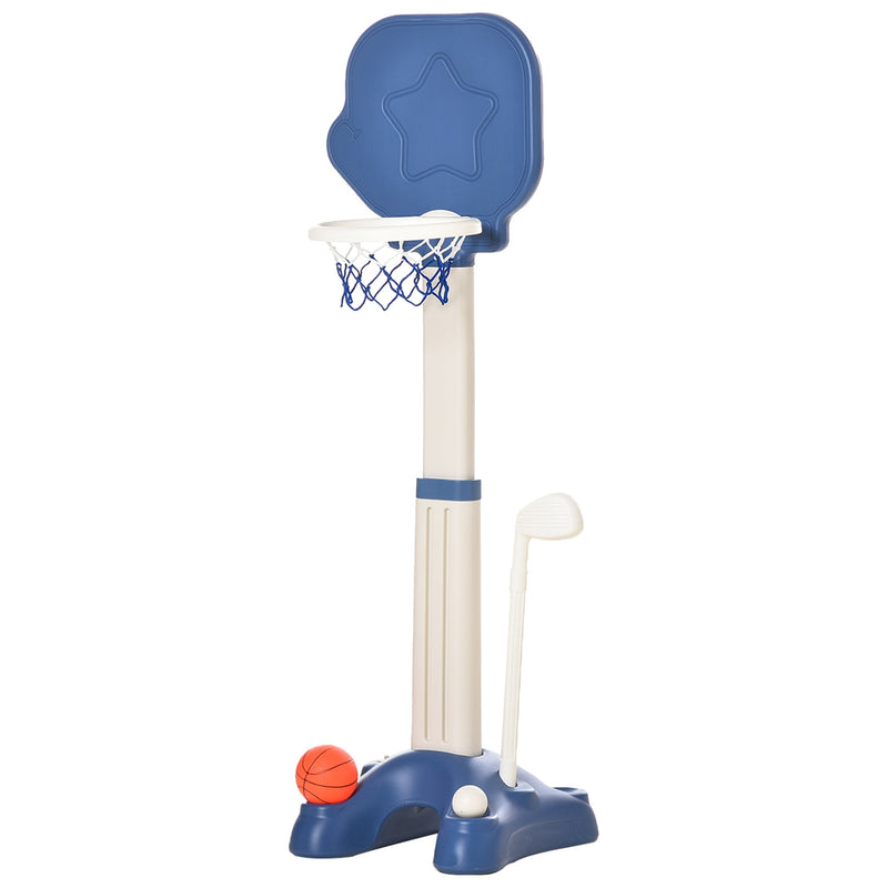 Cesta de Basquetebol 2 em 1 Jogo de Golf para Crianças acima de 2 Anos Aro com Altura Ajustável de 83-120cm Bolas e Taco de Golf 46x41x116-153cm Azul e Branco