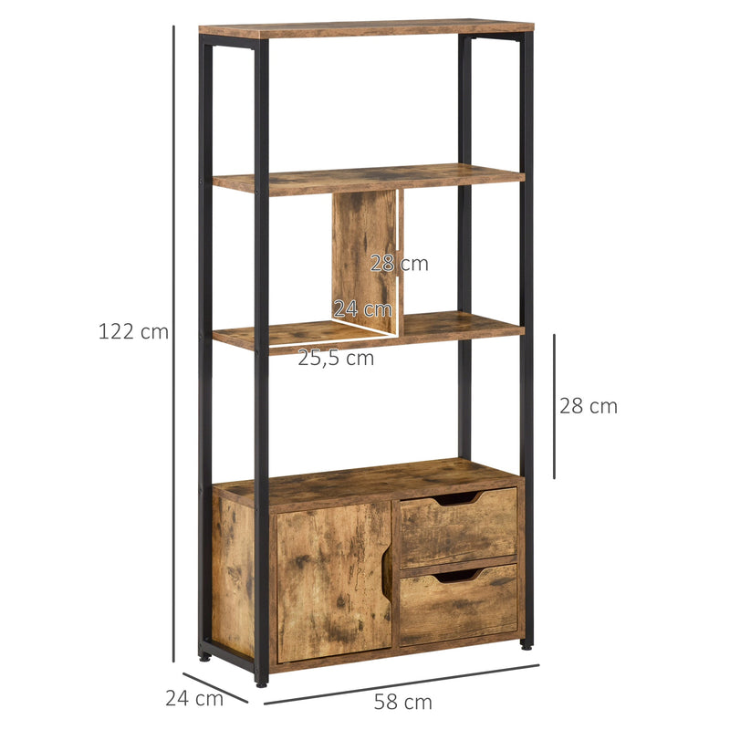 Estante para Livros com Armário e 2 Gavetas de Armazenamento Estante Estilo Industrial para Escritório Sala de Estar 58x24x122cm Marrom Rústico