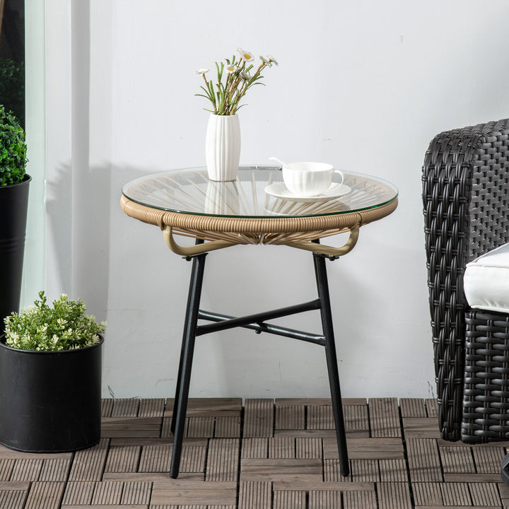 Mesa Auxiliar de Vime Sintético Mesa de Centro Redonda para Exteriores com Bancada de Vidro Temperado e Pés de Metal para Pátio Jardim Varanda Ø50x50 cm Bege e Preto