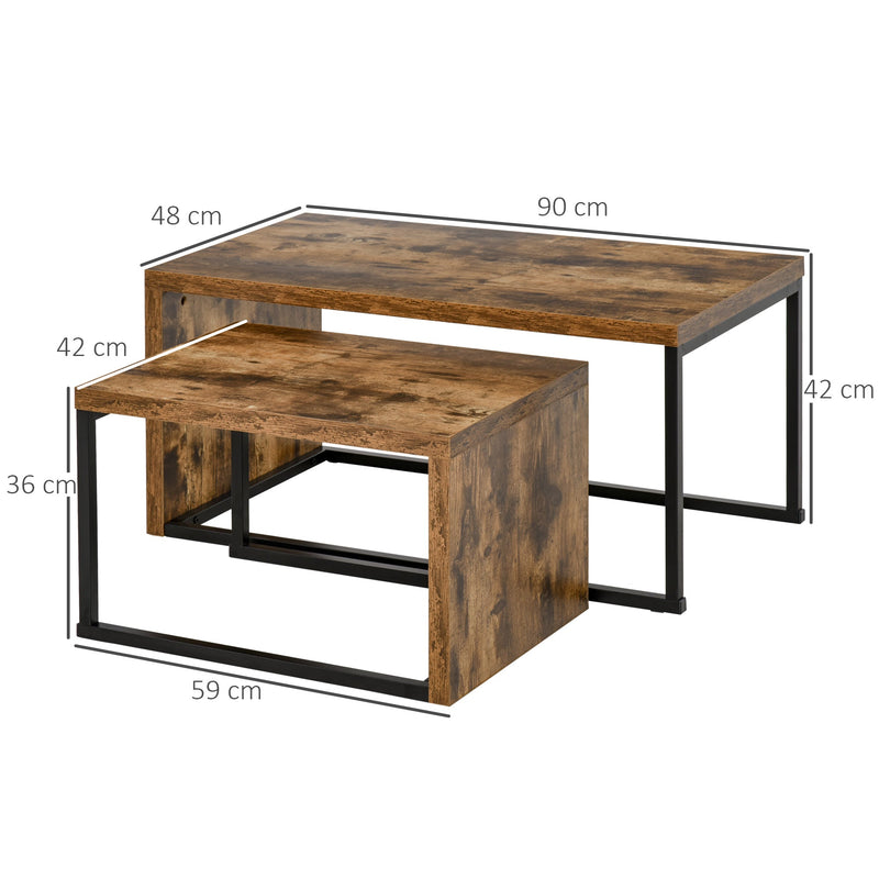 Conjunto de 2 Mesas de Centro Mesinhas de Café com Pés de Metal Estilo Industrial para Sala de Estar Sala de Jantar 90x48x42cm e 59x42x36cm Marrom Rústico