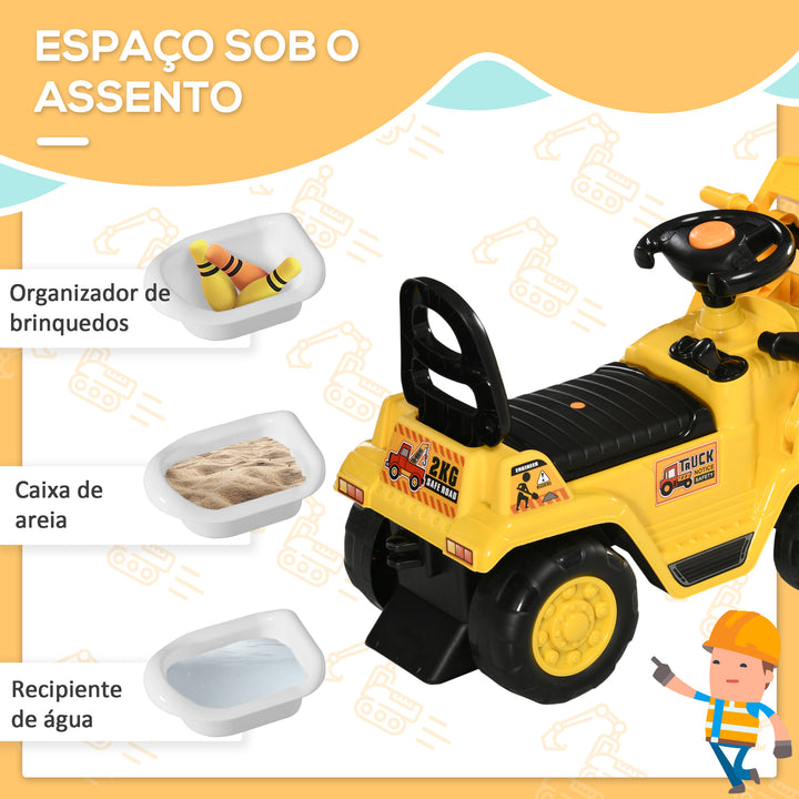 Carro Andador para Crianças acima de 3 Anos Escavadora Infantil com Pá Móvel Assento com Armazenamento Oculto e Buzina Carga Máxima 30kg 83x27x39cm Amarelo